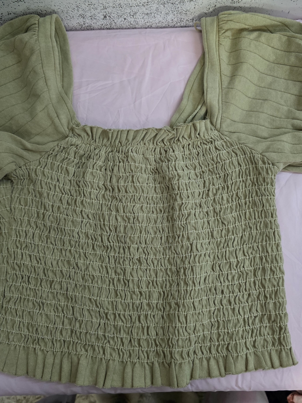 We The Free Sage Green Smocked Puff-Sleeve Crop Top